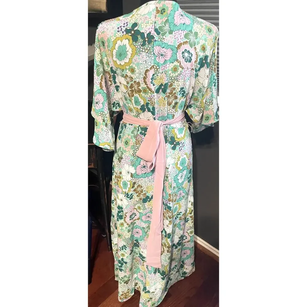 NWT Unique Vintage Mint Pink Floral Mod Maxi Wrap Dress Retro 60s 70s Size S/4